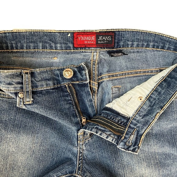 Younique Jeans Juniors 1 Blue Low Rise Flare Leg Butterfly Stretch Y2K - Picture 6 of 14